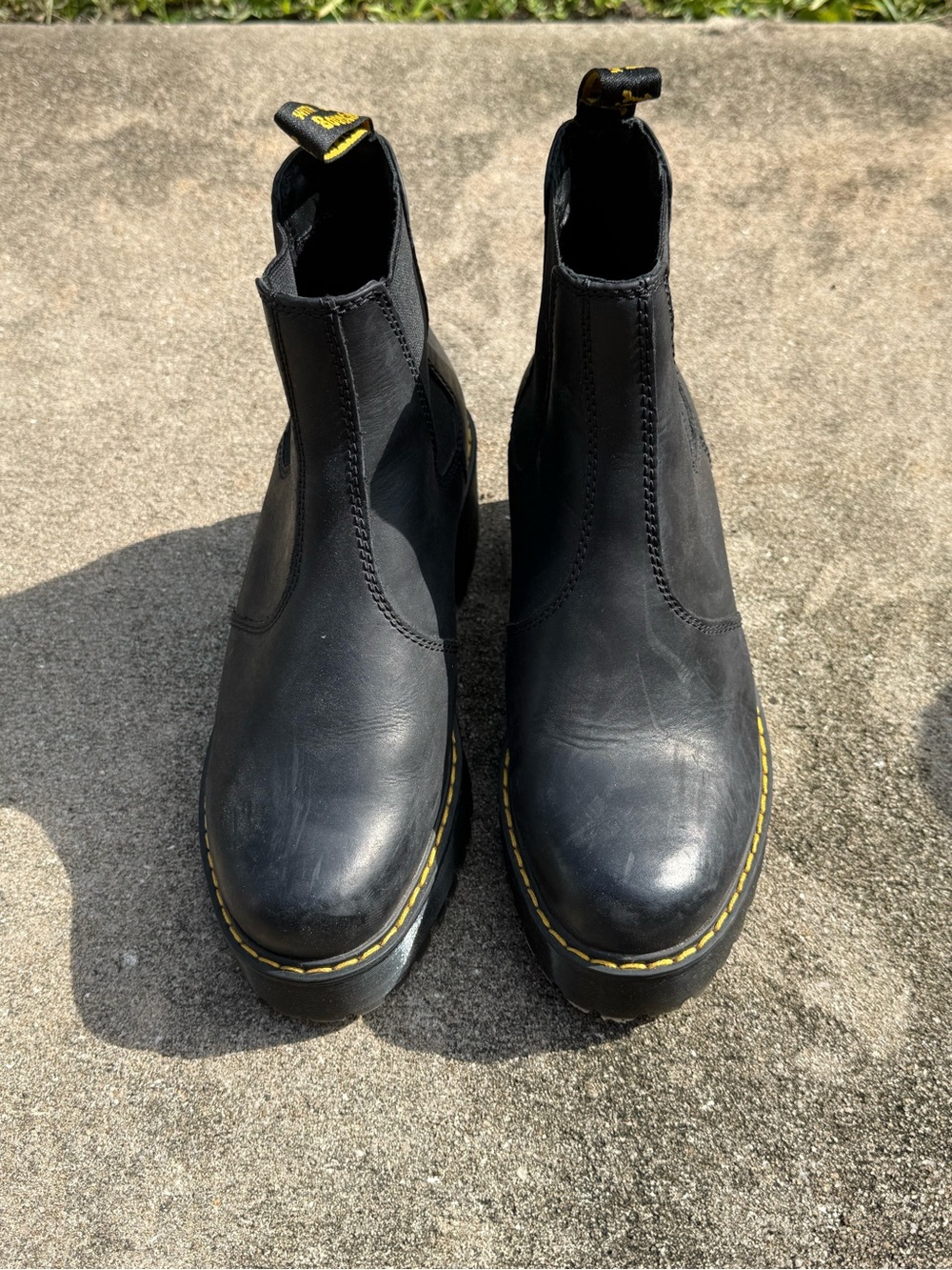 Dr. Martens Black Leather Chelsea Platform Boots with Yellow Stitching
